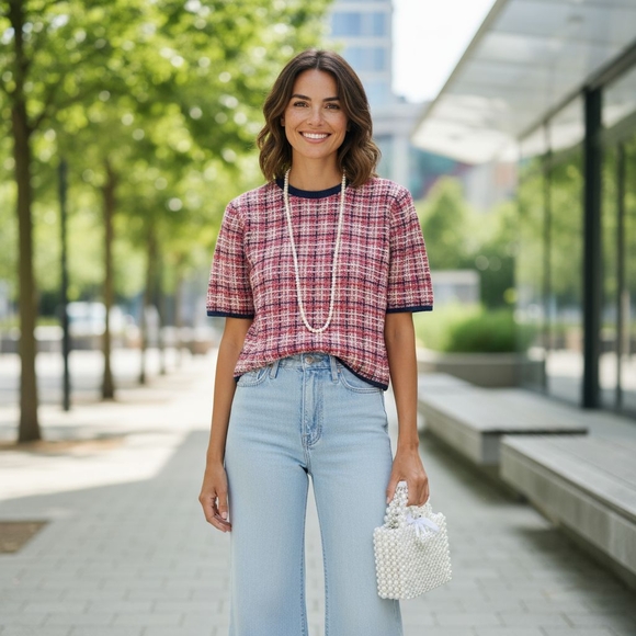 Ann Taylor Tweed Sweater In Coral & Navy Size Large Petite EUC $68 Retail - Picture 8 of 8